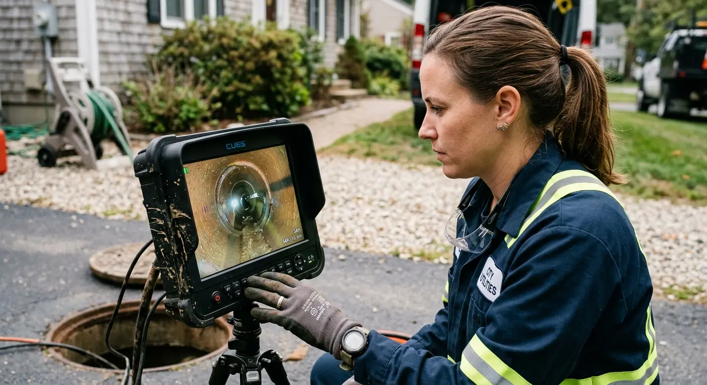 Technician reviewing sewer camera inspection footage in Oak Island