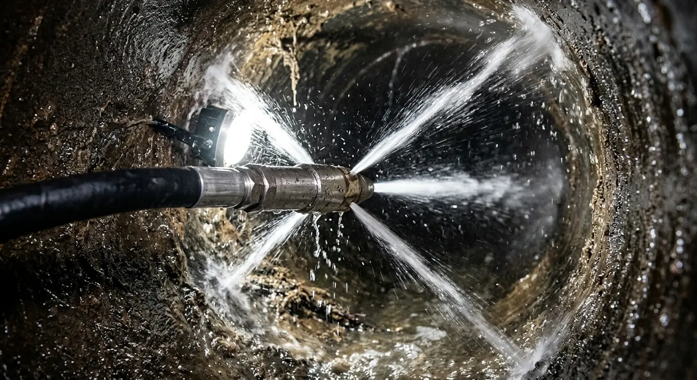 High-pressure hydro jetting nozzle cleaning sewer pipe for Sewer Cleanout in Oak Island