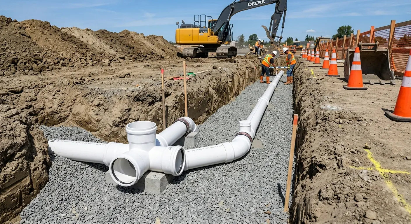 New PVC sewer pipe installation in open trench for Commercial Drain Cleaning in Oak Island