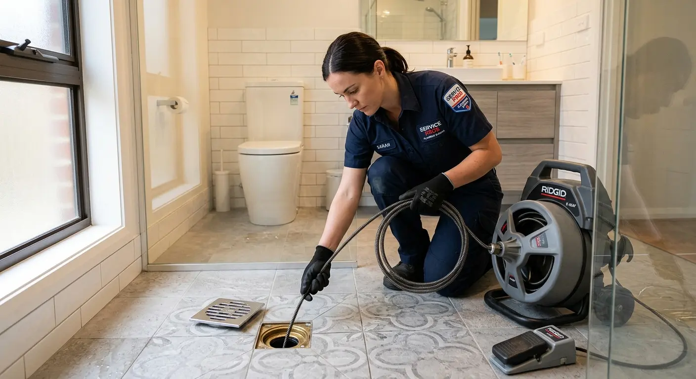 Technician clearing a bathroom floor drain for Clogged Drain Repair in Oak Island